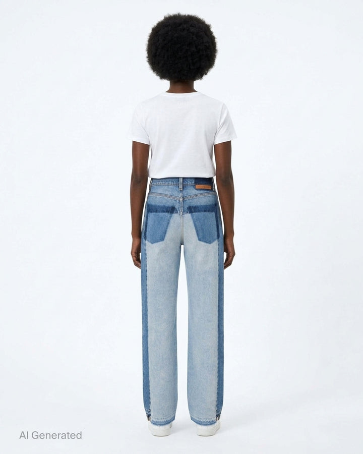 Stella McCartney Patchwork Straight Jeans in medium blue wash, featuring contrast lighter-wash denim panels at the thighs, high-rise waist, wide-leg silhouette, and raw-edge frayed hems - back