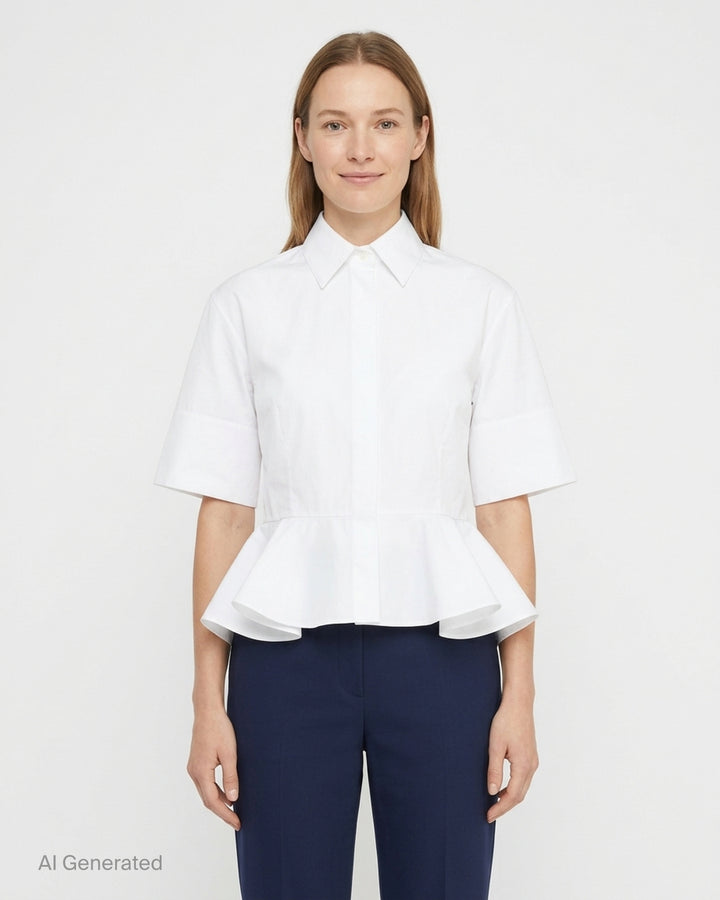 Stella McCartney white cotton poplin peplum shirt with wide elbow-length sleeves, pointed collar, concealed button placket, and structured flared peplum hem - front