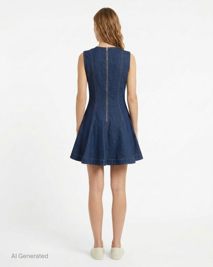 Stella McCartney sleeveless dark indigo denim mini dress with contrast topstitching, fitted seamed bodice and flared peplum skirt - back