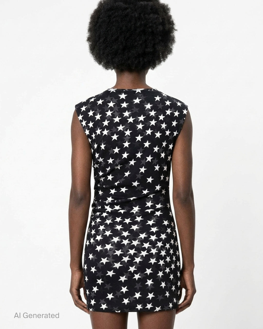Stella McCartney black sleeveless mini dress in semi-sheer mesh fabric with all-over white star print and gathered ruche waist detail, shown on a flat lay against a white background - back