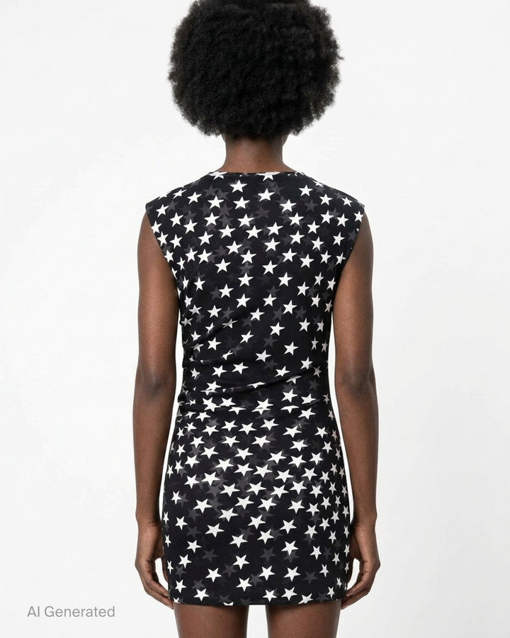 Stella McCartney black sleeveless mini dress in semi-sheer mesh fabric with all-over white star print and gathered ruche waist detail, shown on a flat lay against a white background - back