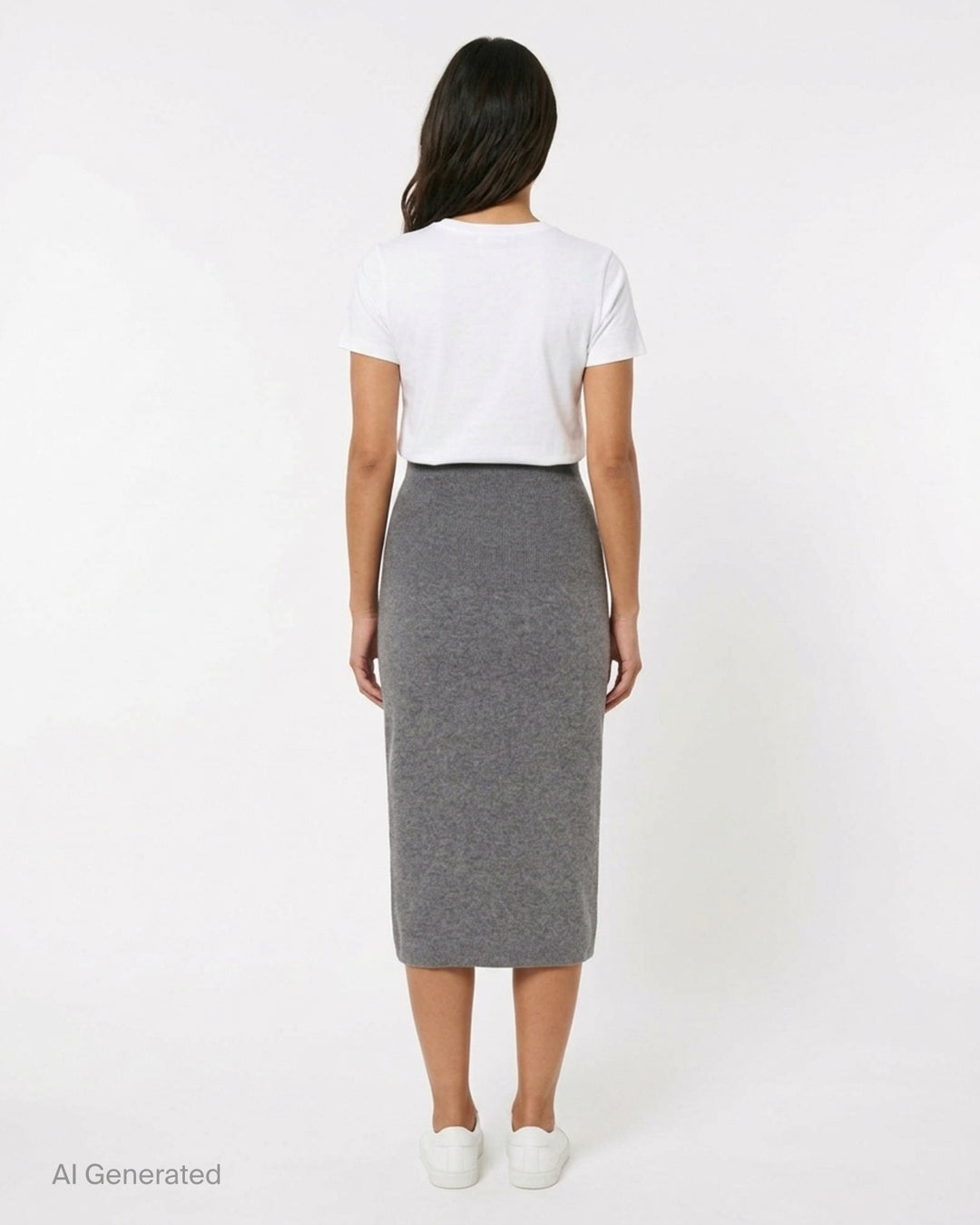 Stella McCartney Wool Knit Pencil Skirt in heathered grey, featuring a wide ribbed high waistband and slim midi-length silhouette - back