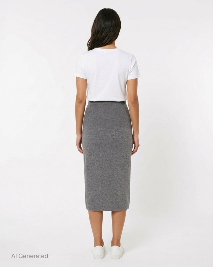 Stella McCartney Wool Knit Pencil Skirt in heathered grey, featuring a wide ribbed high waistband and slim midi-length silhouette - back