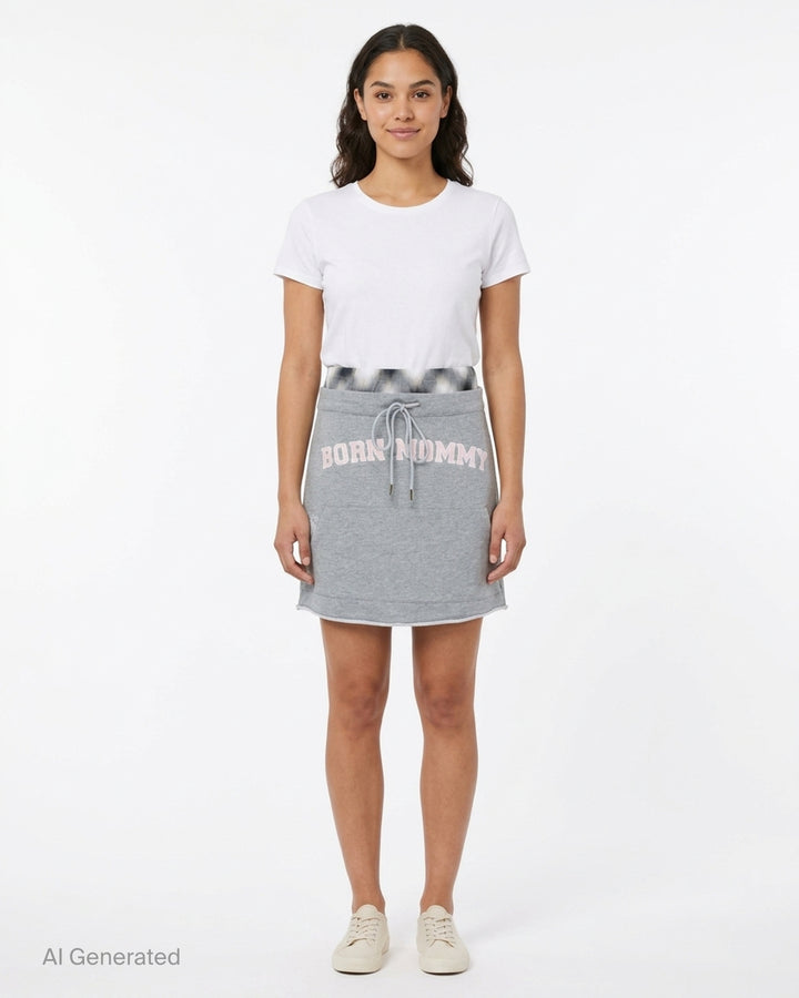Sultry Virgin Born Mommy Varsity Skirt in heather grey sweatshirt fleece with pink collegiate lettering, drawstring waist, plaid fold-over lining, and front patch pocket - front