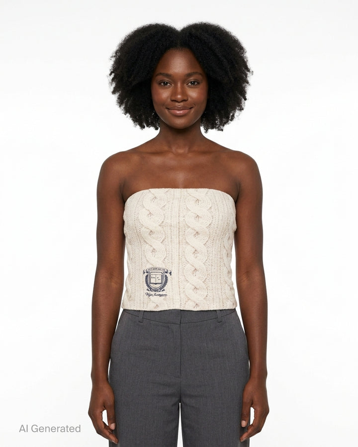 Sultry Virgin cream cable knit print strapless tube top with collegiate 'Virgin Institution' crest graphic at the hem, photographed flat on a white background - front