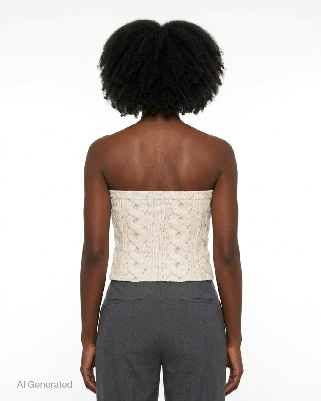 Sultry Virgin cream cable knit print strapless tube top with collegiate 'Virgin Institution' crest graphic at the hem, photographed flat on a white background - back