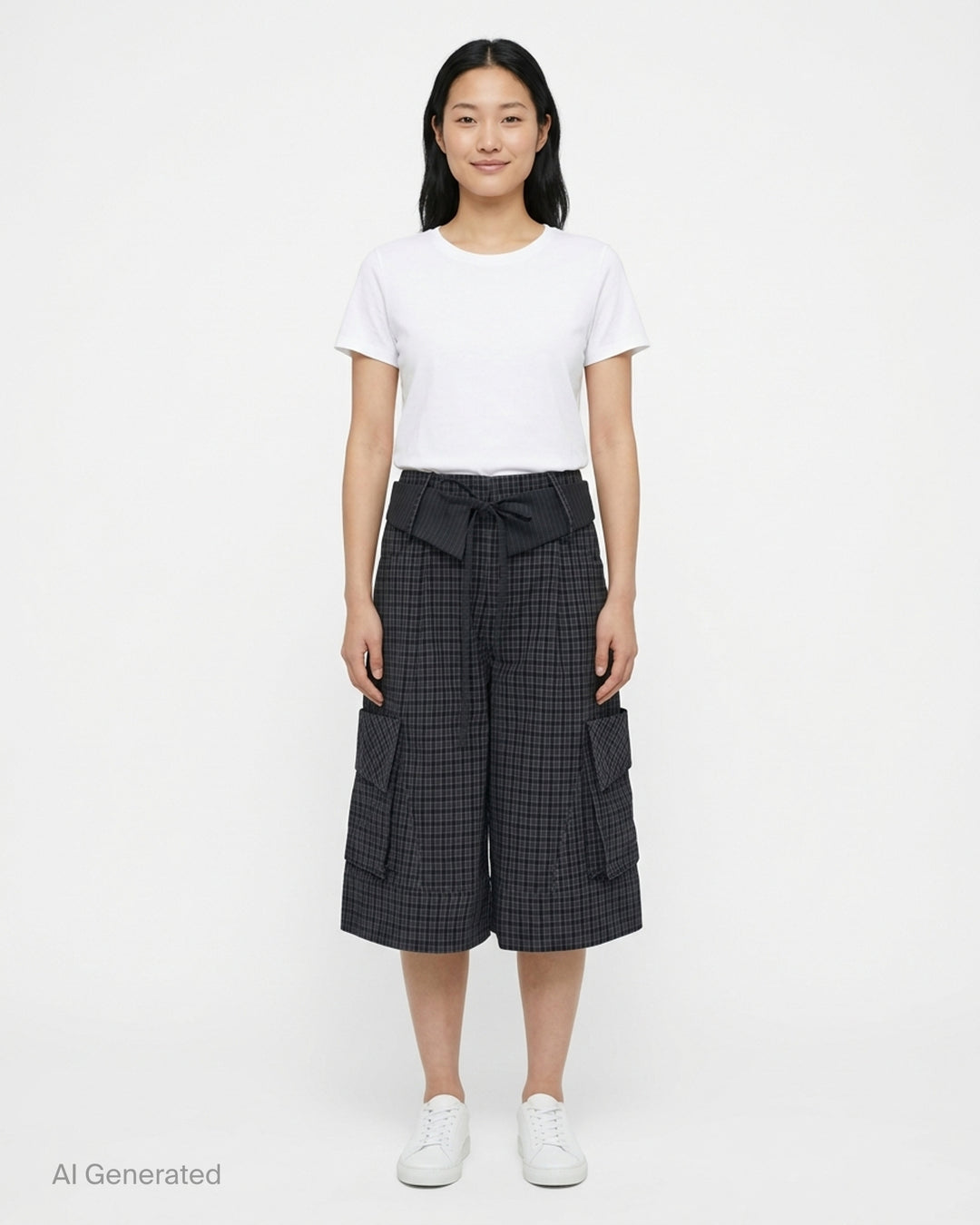 Sultry Virgin Curfew Gingham Cargo Pants in dark navy check with wide-leg silhouette, contrast pinstripe sash belt, and flap cargo pockets - front