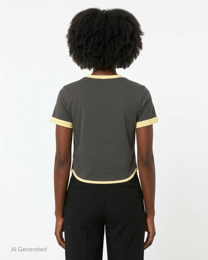 Sultry Virgin Girl Up Crest Tee in vintage-washed charcoal with pale yellow contrast ringer trim and collegiate crest graphic reading 'Girl you gotta Grow tf up' above Virgin Institution branding - back