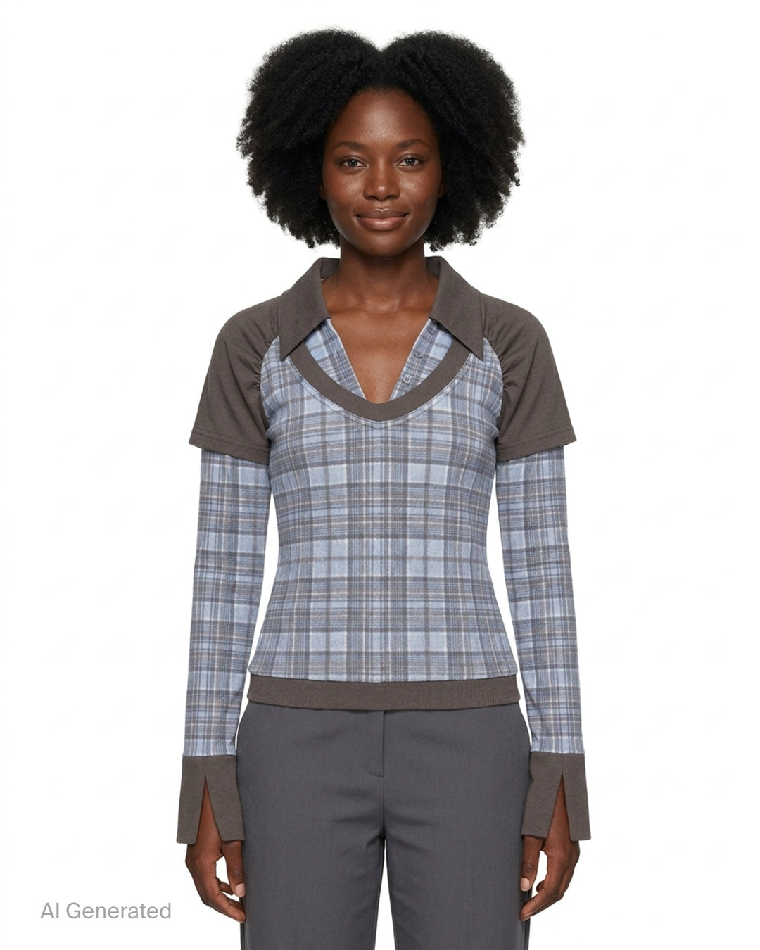 Sultry Virgin Plaid Contrast Top featuring a blue-grey plaid fitted body with an integrated grey jersey collar overlay, long plaid sleeves, split cuffs, and a ribbed hem, styled as a layered two-piece look - front