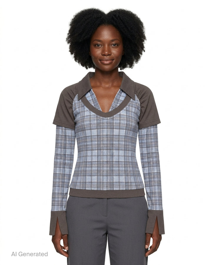 Sultry Virgin Plaid Contrast Top featuring a blue-grey plaid fitted body with an integrated grey jersey collar overlay, long plaid sleeves, split cuffs, and a ribbed hem, styled as a layered two-piece look - front