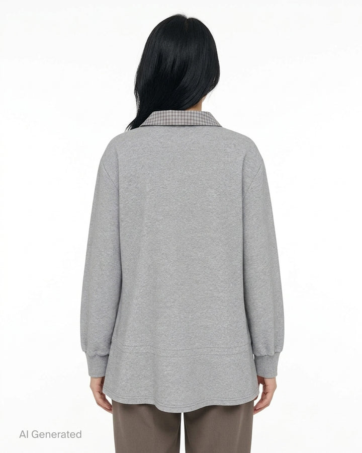 Sultry Virgin grey marl oversized sweatshirt with gingham check shirting collar and button placket insert, front view on white background - back