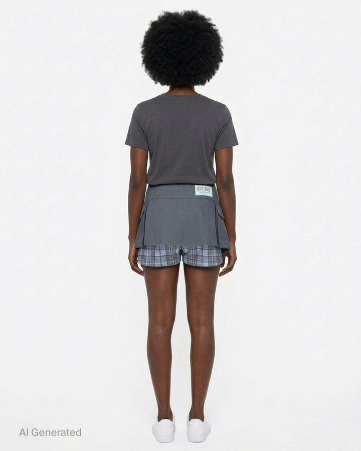 Sultry Virgin Utility Cargo Skort in grey suiting fabric, featuring a crossover wrap waistband with snap buttons, layered pleated panels, cargo pocket detailing, and a plaid underlay at the hem - back