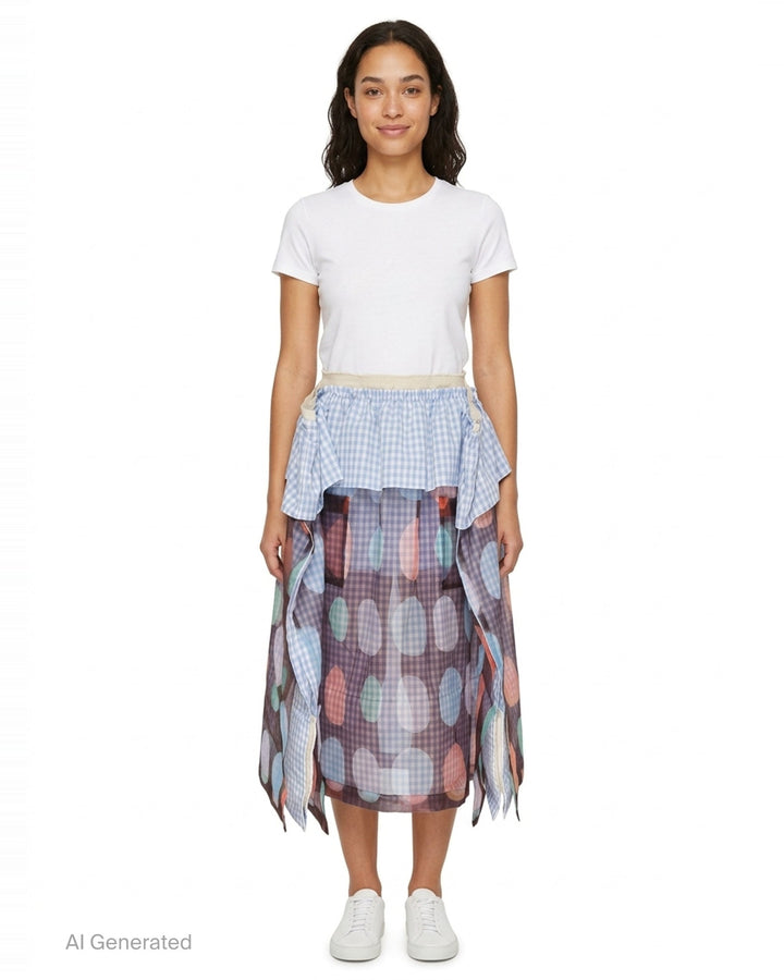 Tao gathered layered midi skirt with blue gingham cotton underlayer, ruffled peplum waist, and semi-sheer pastel polka-dot printed overlay with handkerchief hem edges - front
