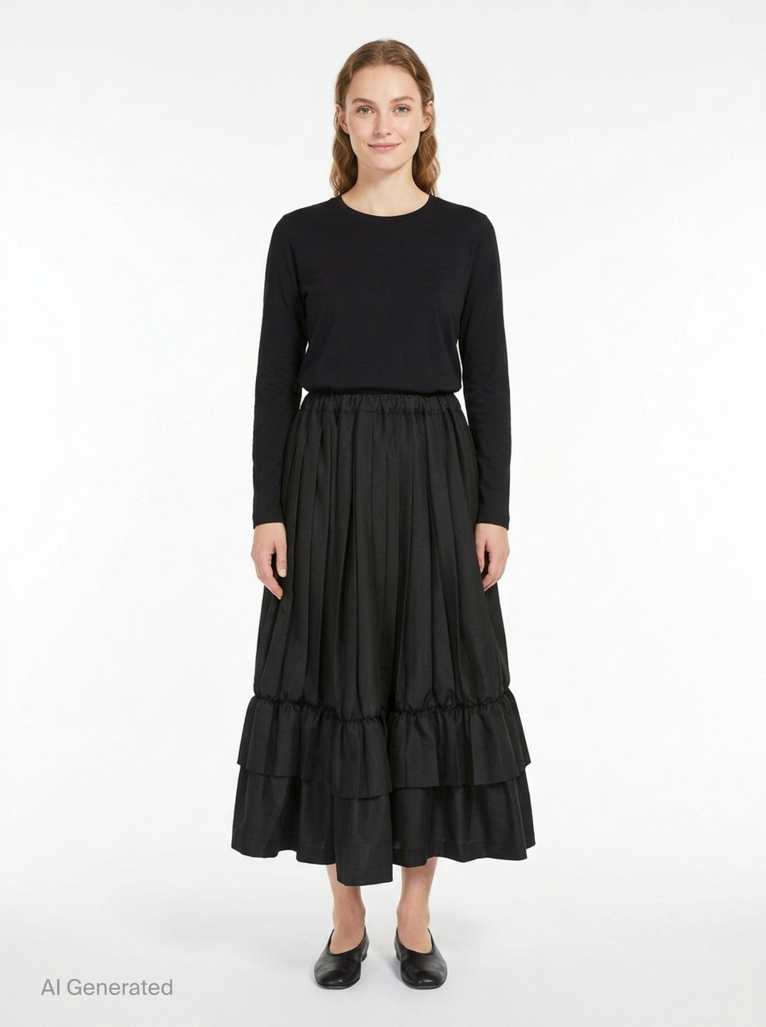 Tao black layered pleated midi skirt with elasticated waist, vertical pleats, gathered mid-section, and double-tiered ruffled hem, displayed on white background - front