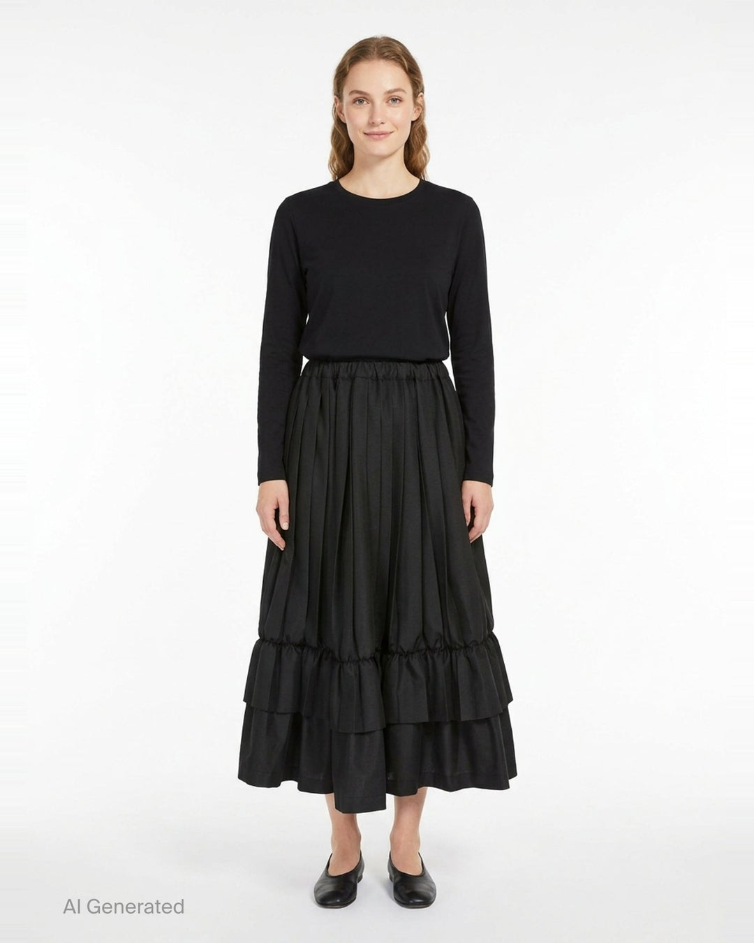 Tao black layered pleated midi skirt with elasticated waist, vertical pleats, gathered mid-section, and double-tiered ruffled hem, displayed on white background - front