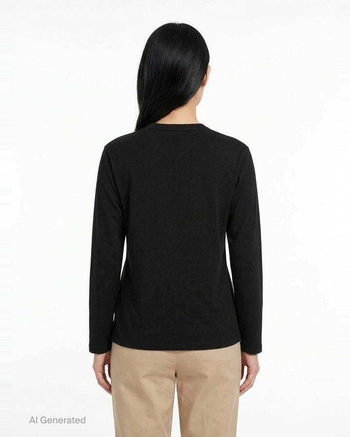 Tao black long sleeve crew neck top with nine tonal satin 3D floral appliqués and bead centres scattered across the chest, shot flat on a white background - back