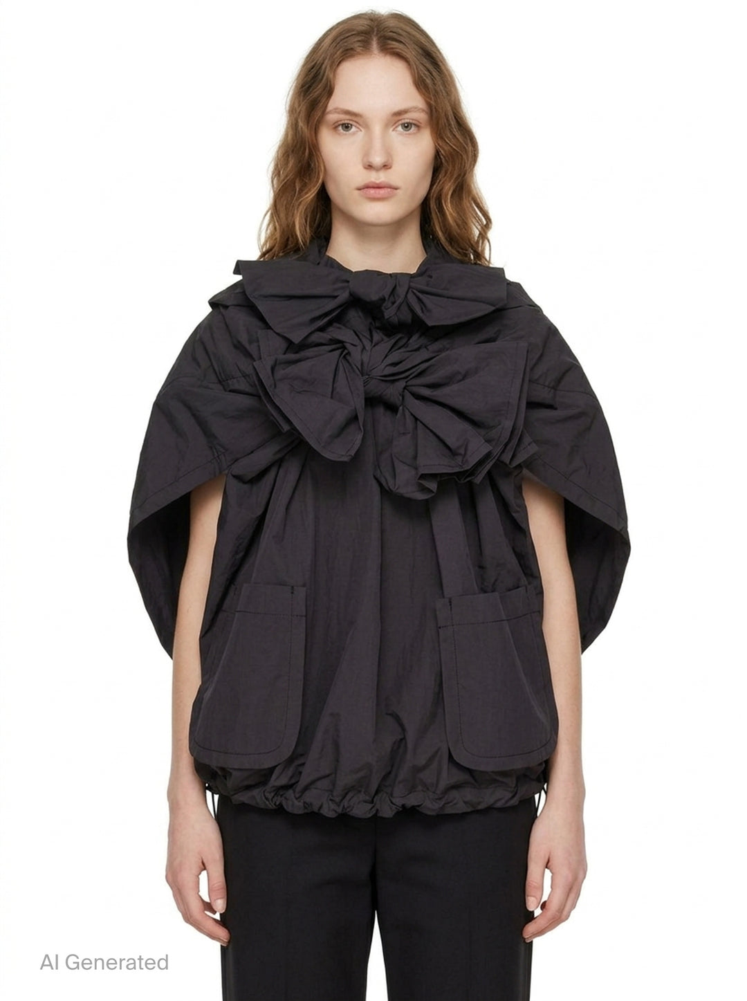 Tao structured cape top in dark charcoal with an oversized gathered bow at the neckline, patch pockets, and a drawstring elasticated hem, displayed on a plain white background - front