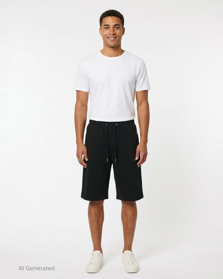 TEAM WANG design Original 1 Casual Shorts in black, featuring an elasticated drawstring waistband, zip side pockets, chevron panel seaming on the lower leg, and an embroidered logo at the hip - front