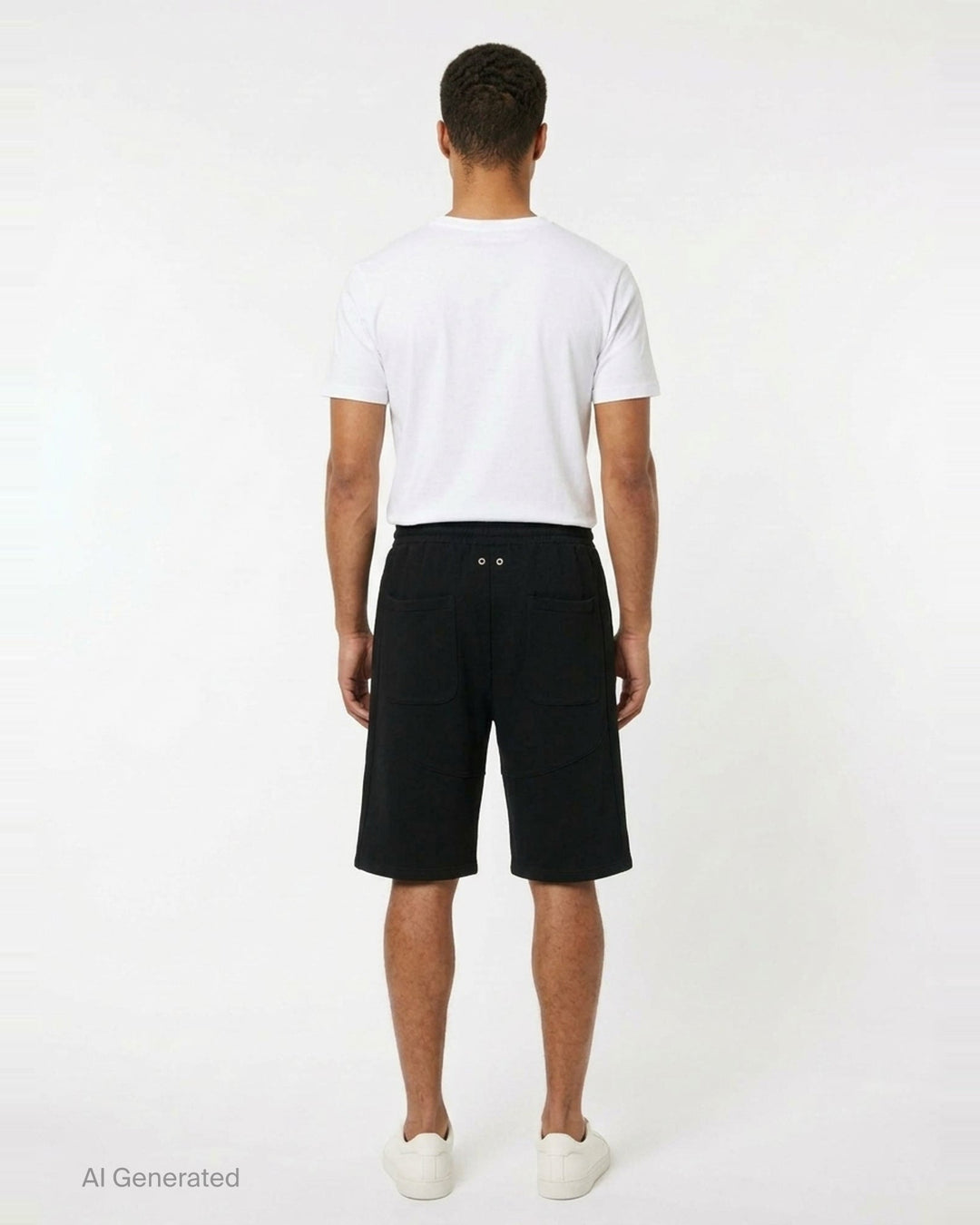 TEAM WANG design Original 1 Casual Shorts in black, featuring an elasticated drawstring waistband, zip side pockets, chevron panel seaming on the lower leg, and an embroidered logo at the hip - back