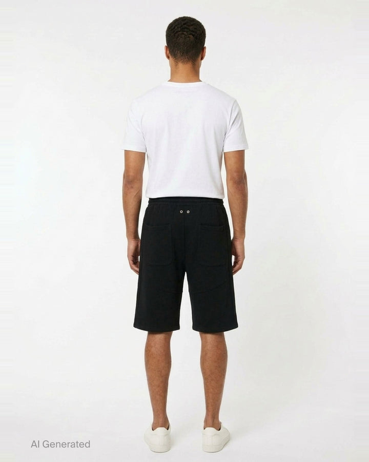 TEAM WANG design Original 1 Casual Shorts in black, featuring an elasticated drawstring waistband, zip side pockets, chevron panel seaming on the lower leg, and an embroidered logo at the hip - back