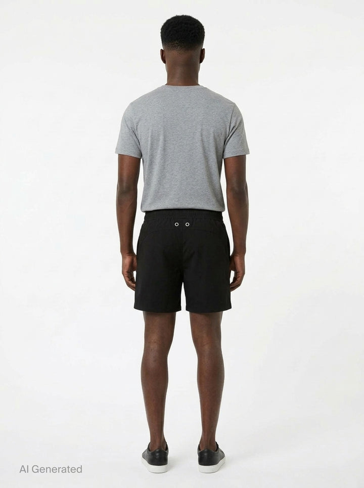 TEAM WANG design Original 1 Track Shorts in black, featuring an elasticated drawstring waistband and tonal logo print at the hip, shown flat against a white background - back