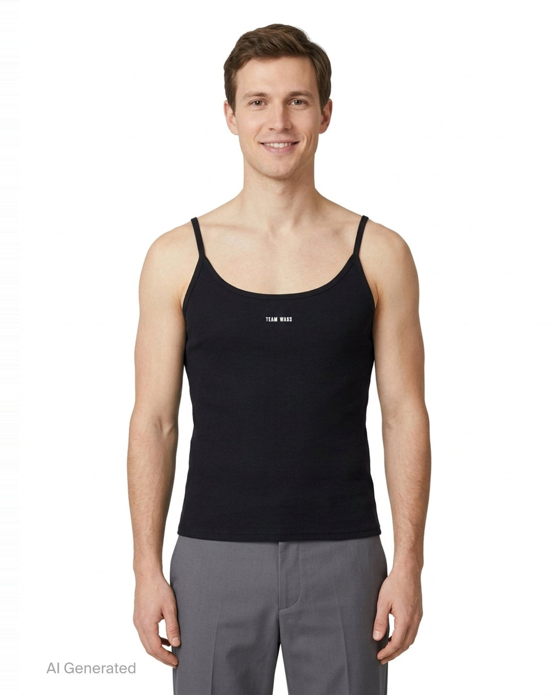 TEAM WANG design The Original 1 Camisole in black — front view of a fitted ribbed sleeveless tank with spaghetti straps and a scoop neckline, featuring a small TEAM WANG design logo at the centre chest - front