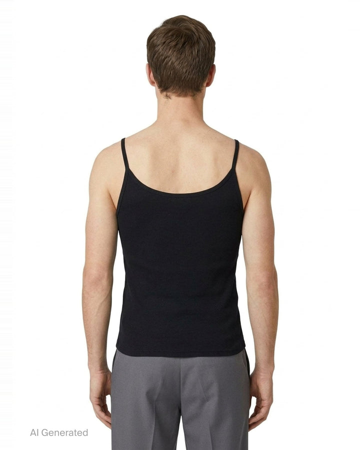 TEAM WANG design The Original 1 Camisole in black — front view of a fitted ribbed sleeveless tank with spaghetti straps and a scoop neckline, featuring a small TEAM WANG design logo at the centre chest - back