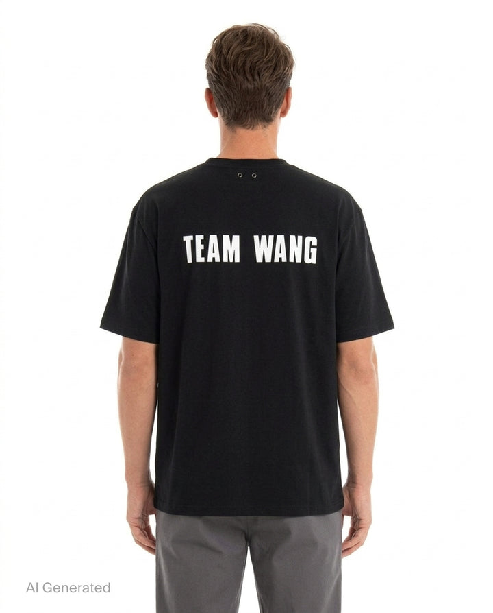 TEAM WANG design The Original 1 Tee in black — oversized silhouette with branded collar tape and miniature chest logo, front view on white background - back