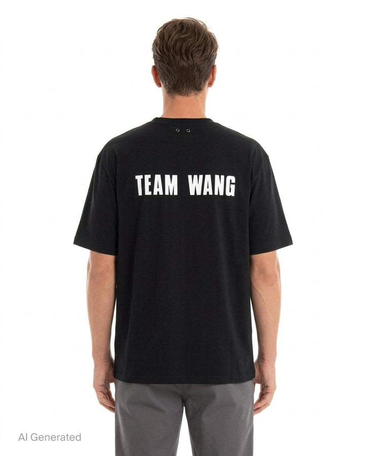 TEAM WANG design The Original 1 Tee in black — oversized silhouette with branded collar tape and miniature chest logo, front view on white background - back