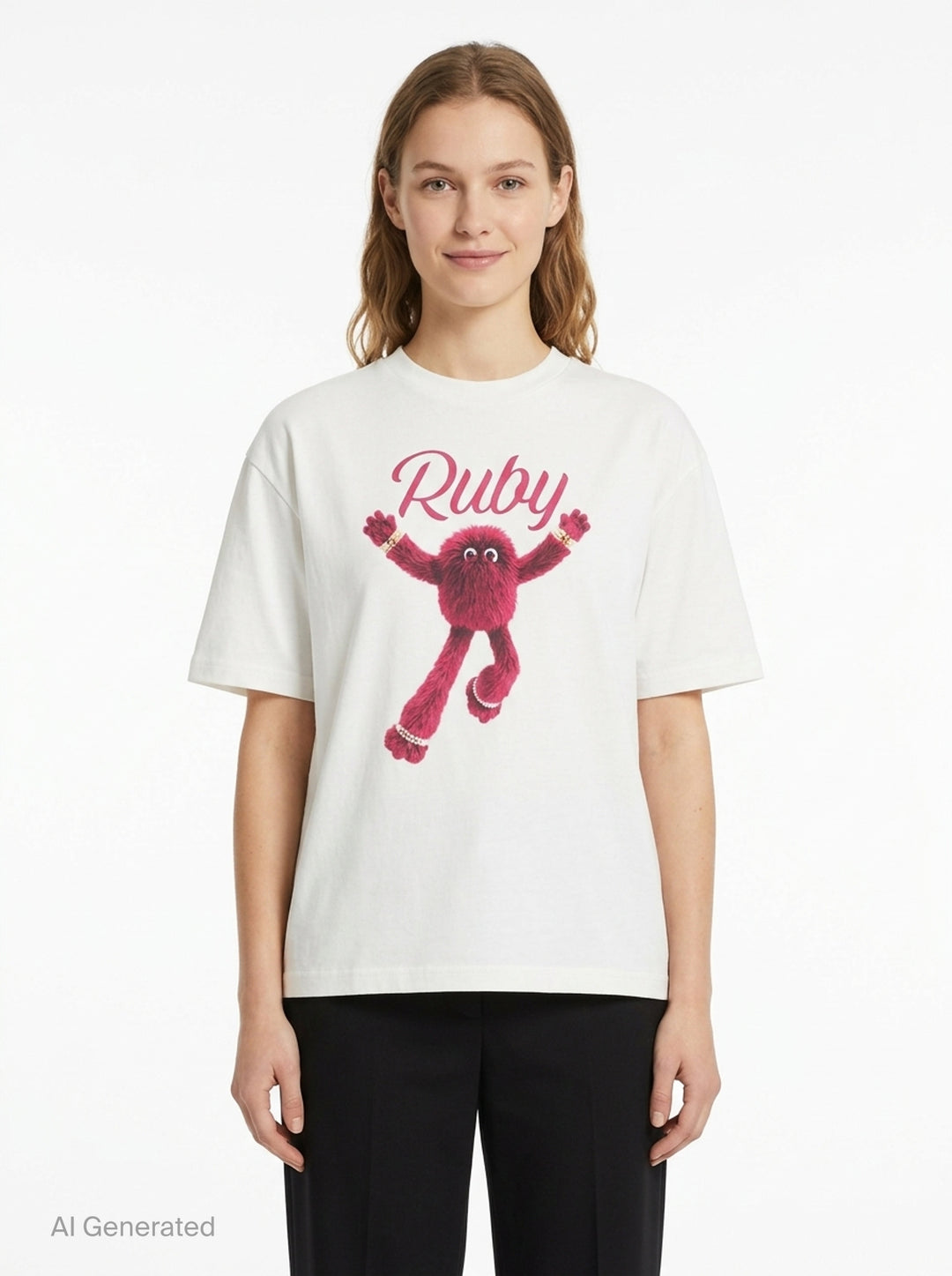 The Fluffadoos Ruby Name Story Tee in white, featuring a large graphic of the ruby-red furry Ruby character with pearl accessories and cursive 'Ruby' script lettering on the front - front