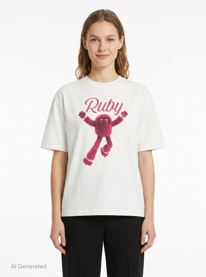 The Fluffadoos Ruby Name Story Tee in white, featuring a large graphic of the ruby-red furry Ruby character with pearl accessories and cursive 'Ruby' script lettering on the front - front