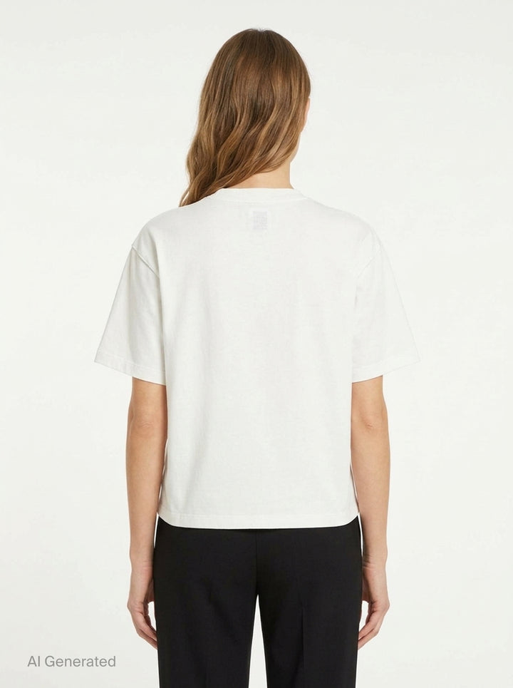 Back view of The Fluffadoos Silva Name Story Tee in white, featuring a large printed graphic of a fluffy grey creature wearing gold coin jewellery with 'Silva' script lettering above - back