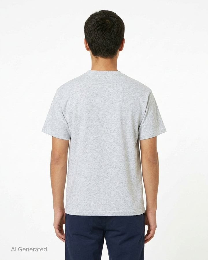 thisisneverthat Composition Tee in heathered grey, featuring a multi-colour collage typographic graphic print across the chest with circular badge motif and script logo detail - back