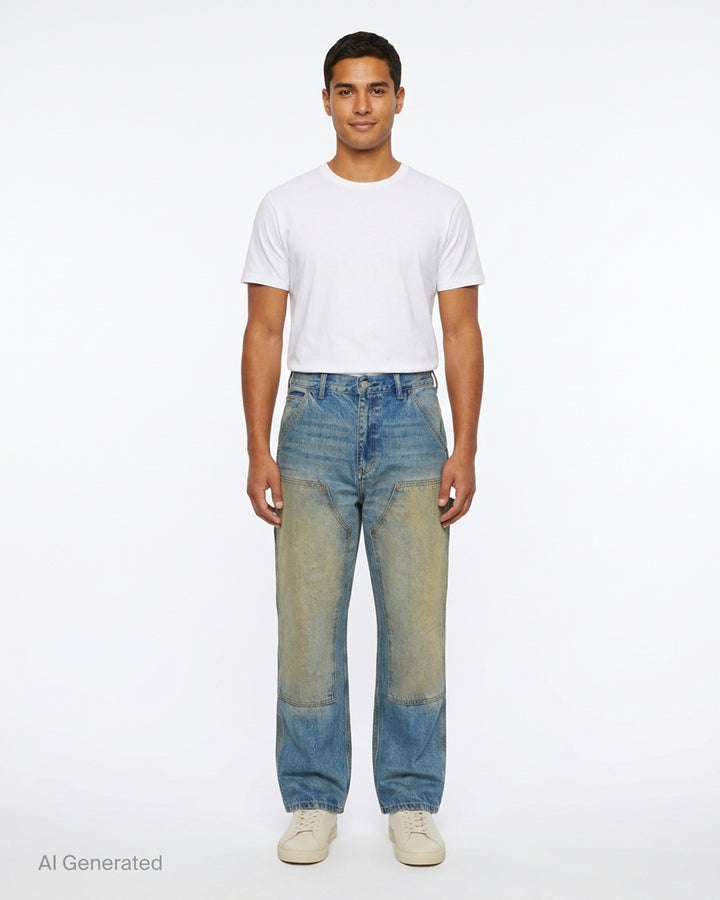 thisisneverthat Denim Double Knee Pants in heavy vintage wash indigo with ochre distressing, double-knee reinforced panels, carpenter utility detailing, and a relaxed wide-leg silhouette — front view - front