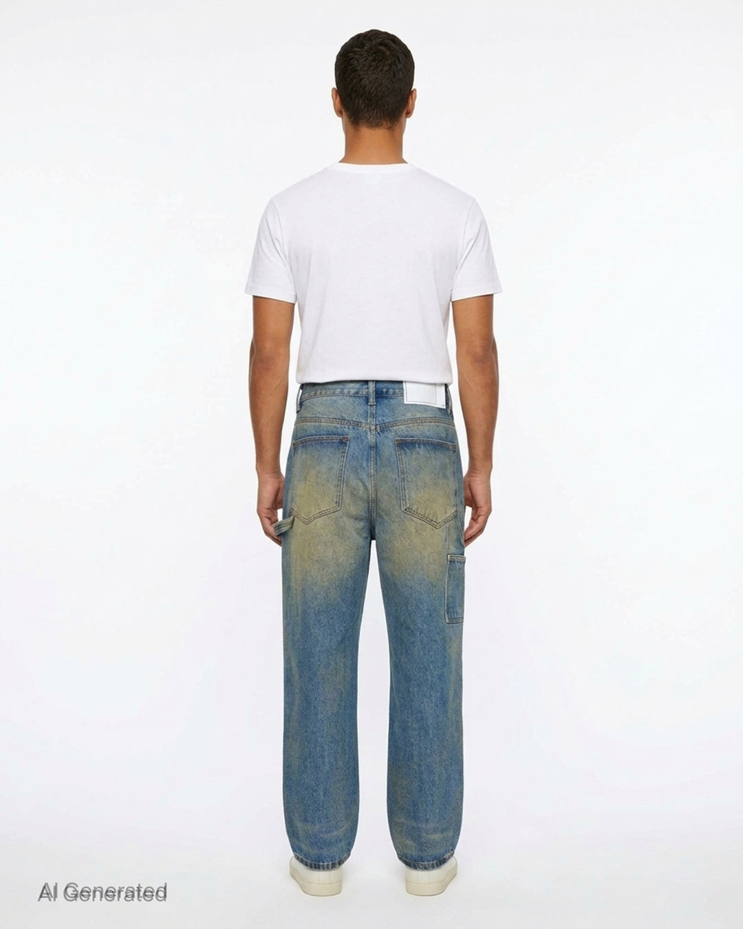 thisisneverthat Denim Double Knee Pants in heavy vintage wash indigo with ochre distressing, double-knee reinforced panels, carpenter utility detailing, and a relaxed wide-leg silhouette — front view - back