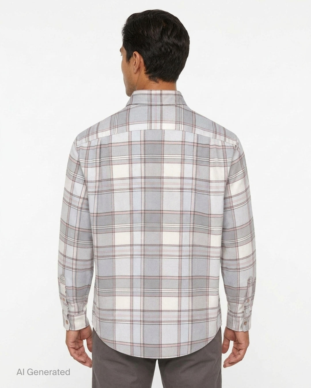 thisisneverthat Flannel Check Long Sleeve Shirt in grey, cream, and dusty rose large-scale plaid, featuring a button-down collar, wooden buttons, and a chest patch pocket - back