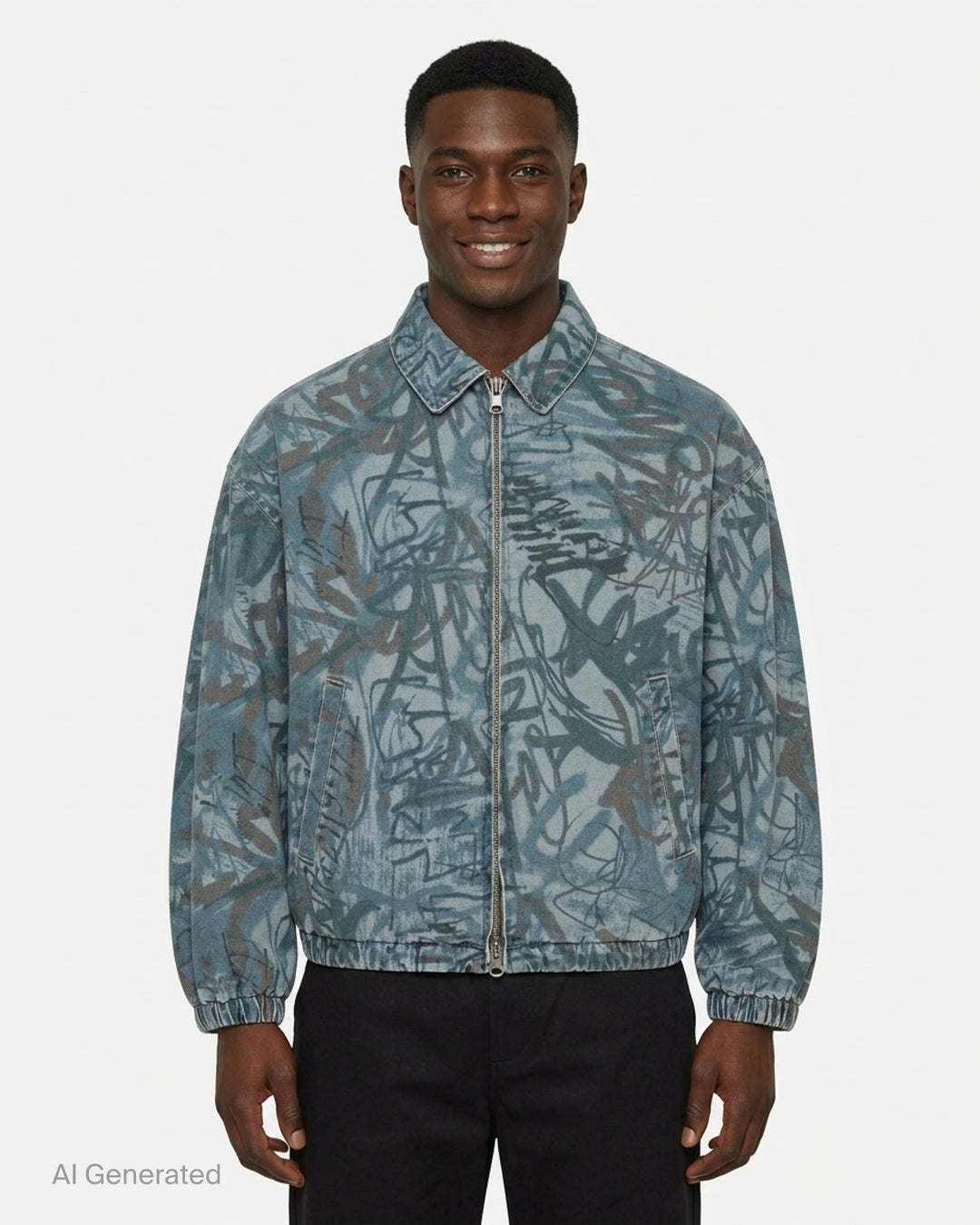thisisneverthat Graffiti Print Denim Blouson Jacket in washed blue with all-over tag-style calligraphic print, full-zip closure, point collar, and elasticated hem and cuffs - front