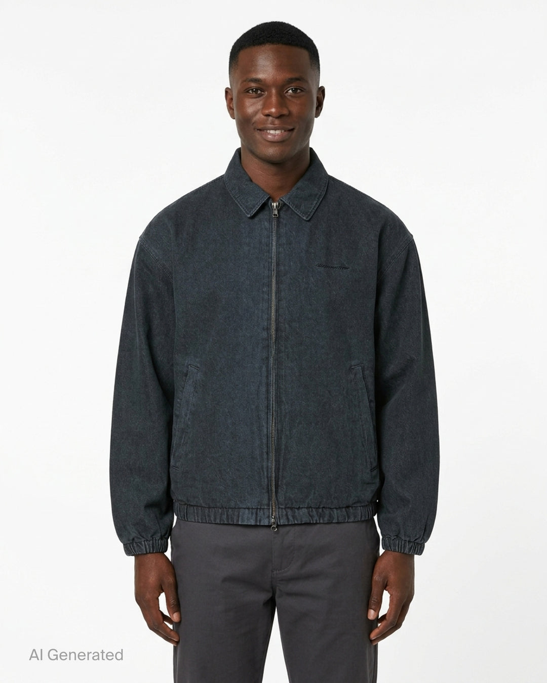 thisisneverthat Graffiti Print Denim Blouson Jacket in washed blue with all-over tag-style calligraphic print, full-zip closure, point collar, and elasticated hem and cuffs - front