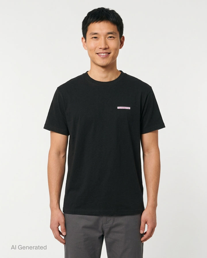 thisisneverthat Saturn short sleeve tee in washed black with a small woven brand logo label at the chest and a ribbed crewneck collar, displayed flat on a white background - front