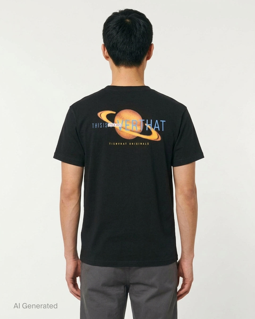 thisisneverthat Saturn short sleeve tee in washed black with a small woven brand logo label at the chest and a ribbed crewneck collar, displayed flat on a white background - back