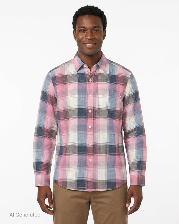 thisisneverthat Washed Check Long Sleeve Shirt in a large-scale pink, blue, grey, and white plaid pattern, displayed flat on a white background - front