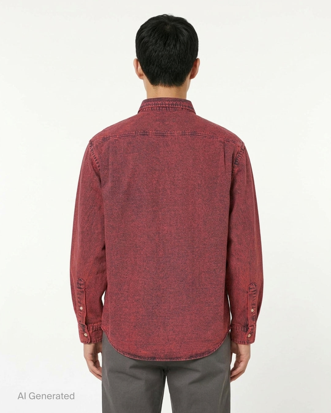 thisisneverthat Washed Denim Long Sleeve Shirt in acid-washed red with button-down collar and embroidered logo on the chest - back