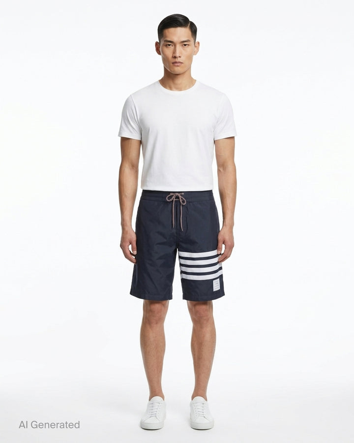 Thom Browne grey board shorts with 4-bar white stripe detail on one leg, red and white braided drawstring waist, and woven logo label at the hem - front