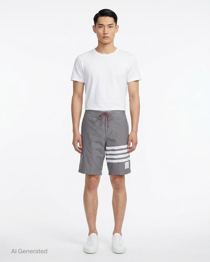 Thom Browne grey board shorts with 4-bar white stripe detail on one leg, red and white braided drawstring waist, and woven logo label at the hem - front