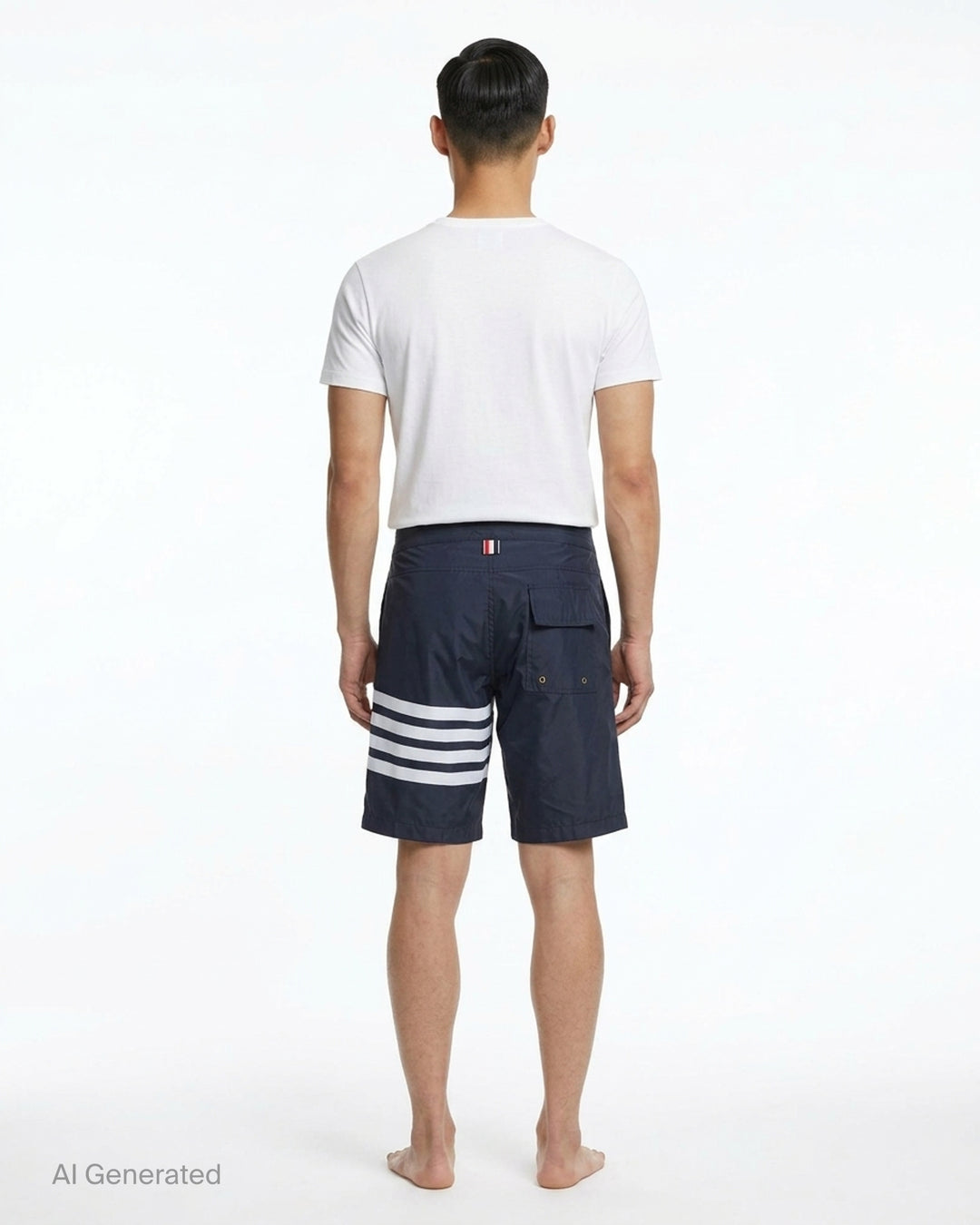 Thom Browne grey board shorts with 4-bar white stripe detail on one leg, red and white braided drawstring waist, and woven logo label at the hem - back