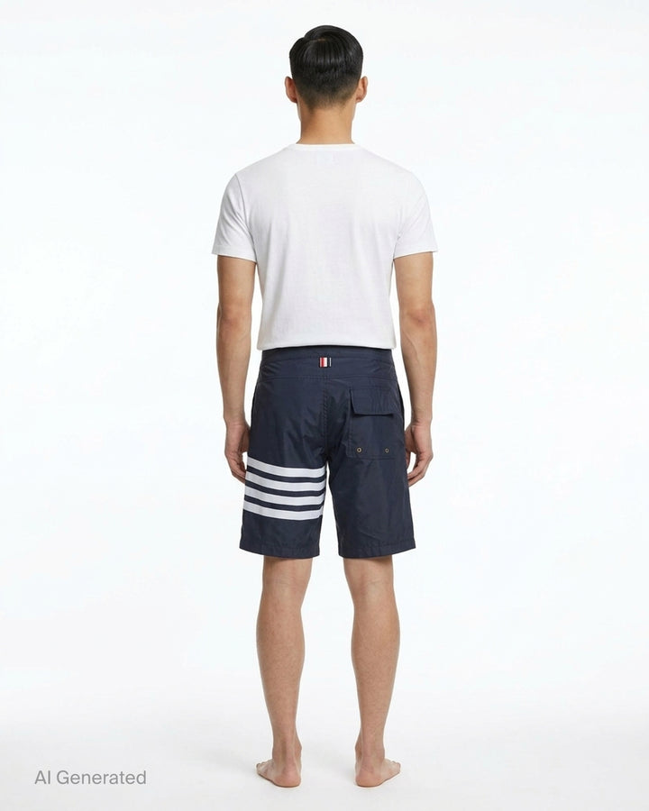 Thom Browne grey board shorts with 4-bar white stripe detail on one leg, red and white braided drawstring waist, and woven logo label at the hem - back