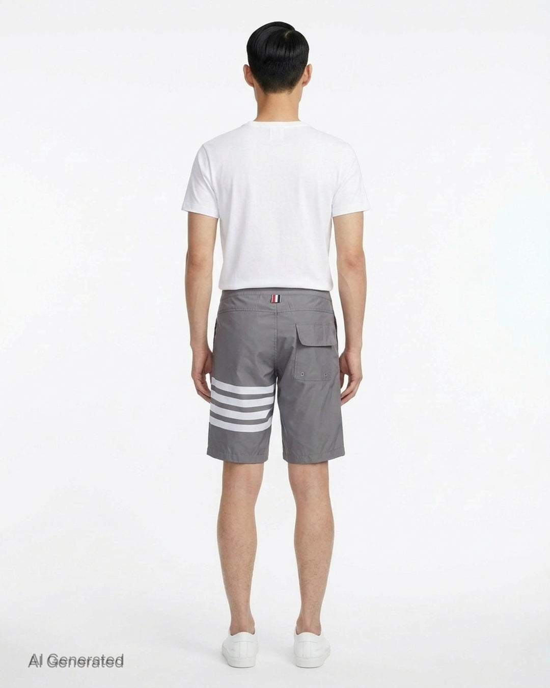 Thom Browne grey board shorts with 4-bar white stripe detail on one leg, red and white braided drawstring waist, and woven logo label at the hem - back