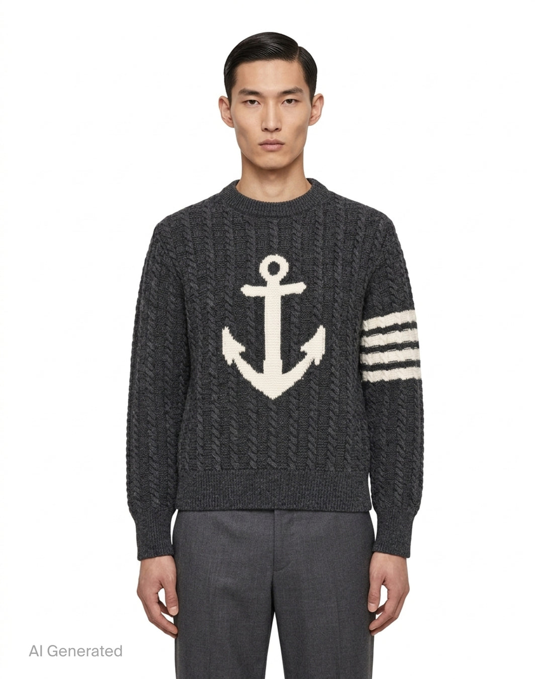 Thom Browne charcoal cable-knit crewneck sweater with cream anchor intarsia on the front and signature 4-bar stripe on the sleeve - front