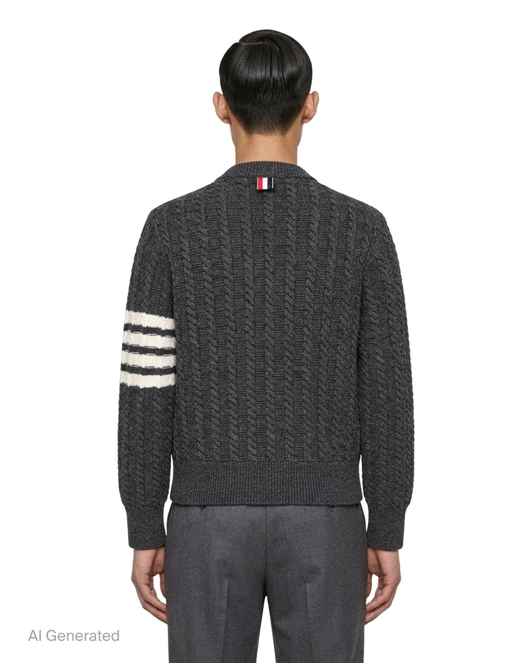 Thom Browne charcoal cable-knit crewneck sweater with cream anchor intarsia on the front and signature 4-bar stripe on the sleeve - back