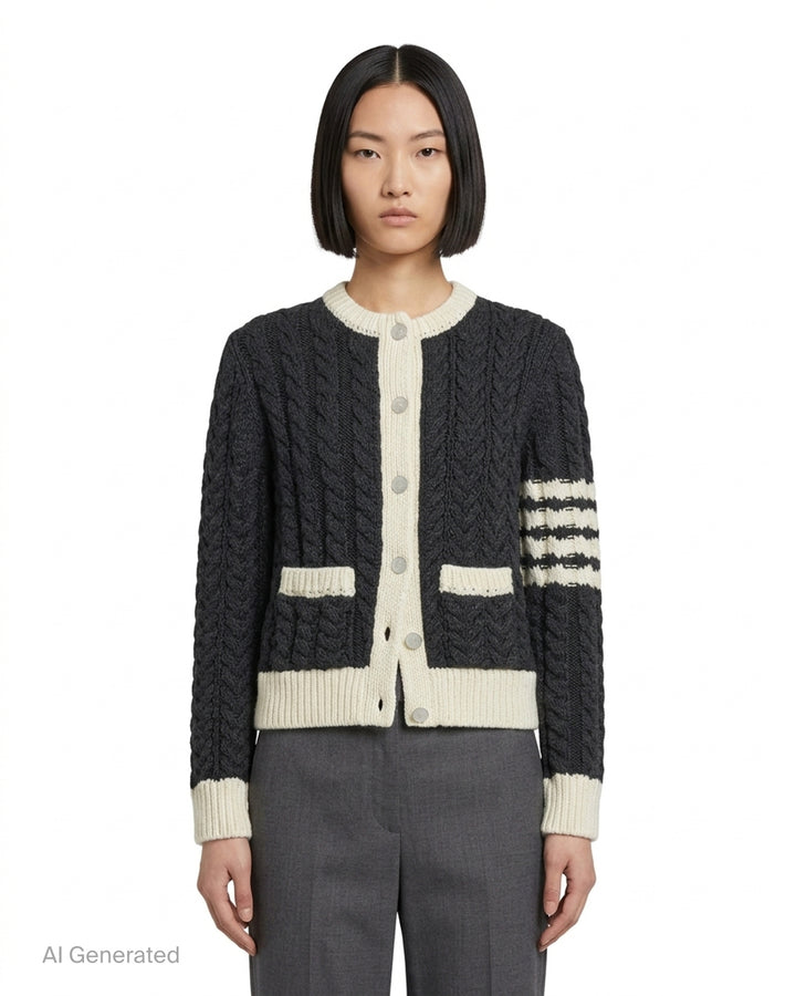 Thom Browne Aran cable-knit crew neck cardigan in charcoal with cream trim, button front, patch pockets and 4-bar stripe on the sleeve - front